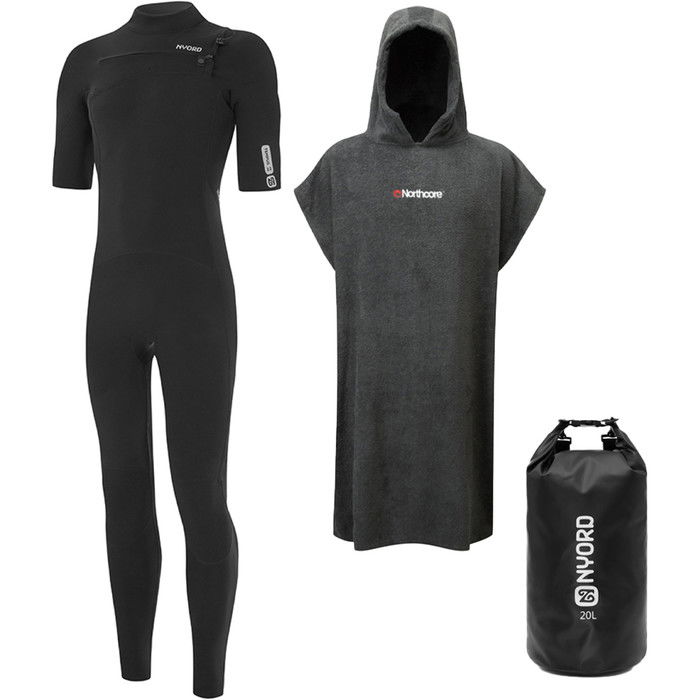 2024 Nyord Mens Tempus 2/2mm Short Sleeve Chest Zip Wetsuit & Northcore  Changing Robe & 20L Dry Bag Bundle MT1 Black / Grey